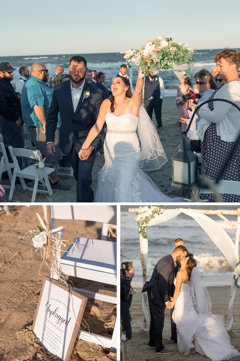 This couple with bowtie and wedding dress during an OBX Beach wedding