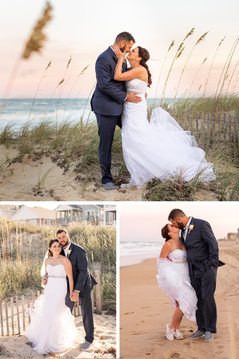 This couple with bowtie and wedding dress during an OBX Beach wedding